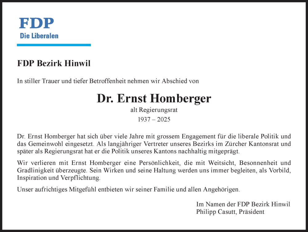  Traueranzeige für Ernst Homberger vom 15.10.2025 aus AvU