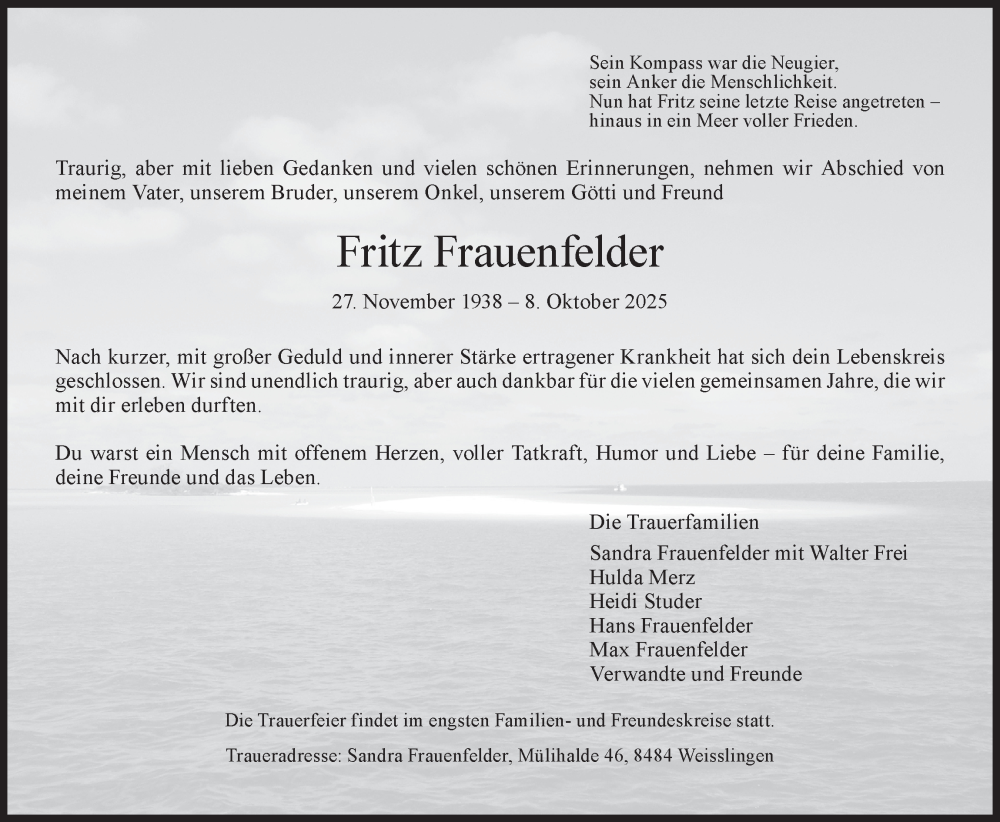  Traueranzeige für Fritz Frauenfelder vom 23.10.2025 aus AvU