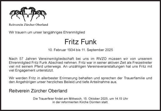 Traueranzeige von Fritz Funk von AvU