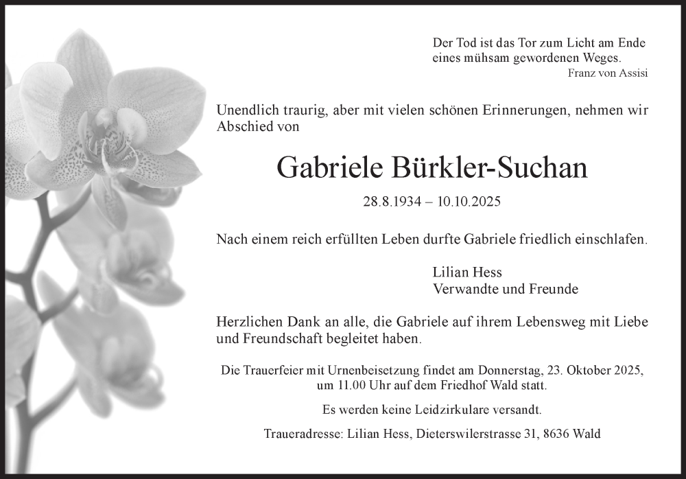  Traueranzeige für Gabriele Bürkler-Suchan vom 15.10.2025 aus AvU