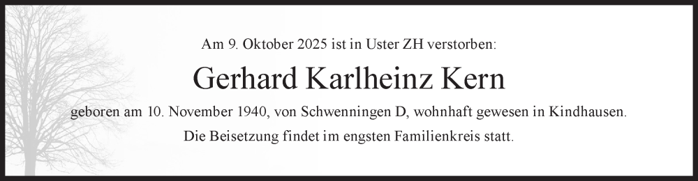  Traueranzeige für Gerhard Karlheinz Kern vom 24.10.2025 aus GL solo
