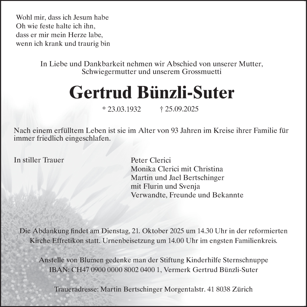  Traueranzeige für Gertrud Bünzli vom 16.10.2025 aus reg_2