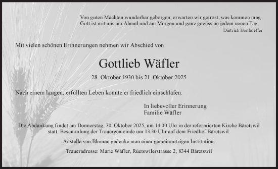 Traueranzeige von Gottlieb Wäfler von AvU