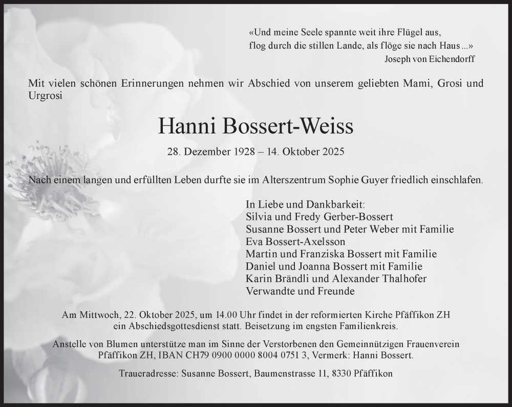  Traueranzeige für Hanni Bossert vom 17.10.2025 aus AvU