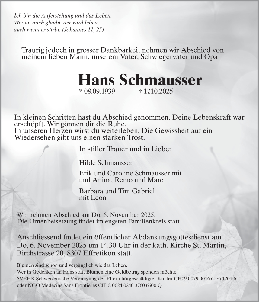  Traueranzeige für Hans Schmausser vom 30.10.2025 aus reg_2