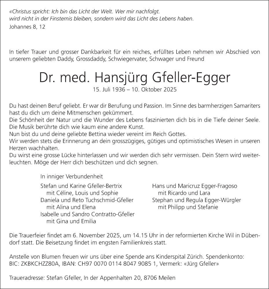  Traueranzeige für Hansjürg Gfeller vom 24.10.2025 aus GL solo