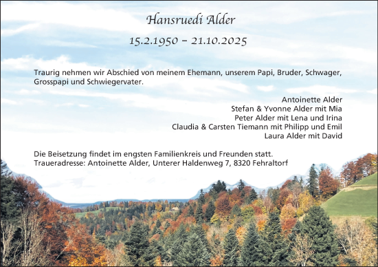 Traueranzeige von Hansruedi Alder von AvU