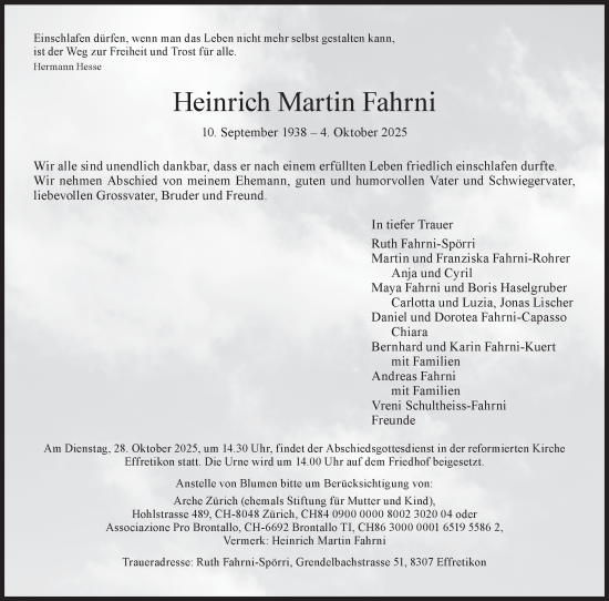 Traueranzeige von Heinrich Martin Fahrni von AvU