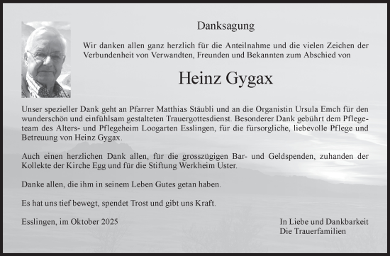 Traueranzeige von Heinz Gygax von AvU