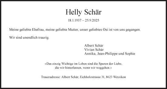 Traueranzeige von Helly Schär von AvU