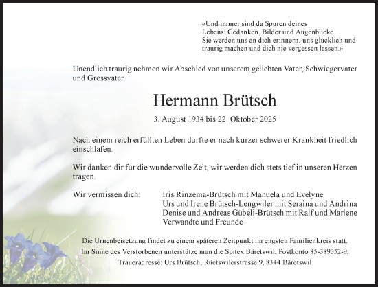 Traueranzeige von Hermann Brütsch von AvU
