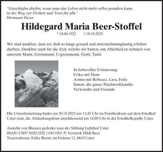 Traueranzeige von Hildegard Maria Beer-Stoffel von AvU