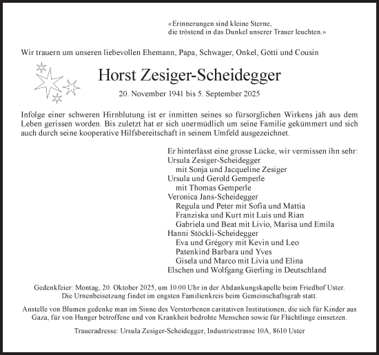 Traueranzeige von Horst Zesiger-Scheidegger von AvU