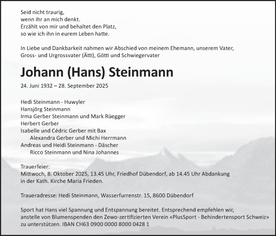 Traueranzeige von Johann Steinmann von GL solo