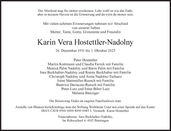 Traueranzeige von Karin Vera Hostettler von AvU