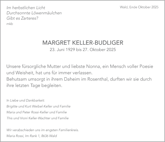 Traueranzeige von Margret Keller-Budliger von AvU