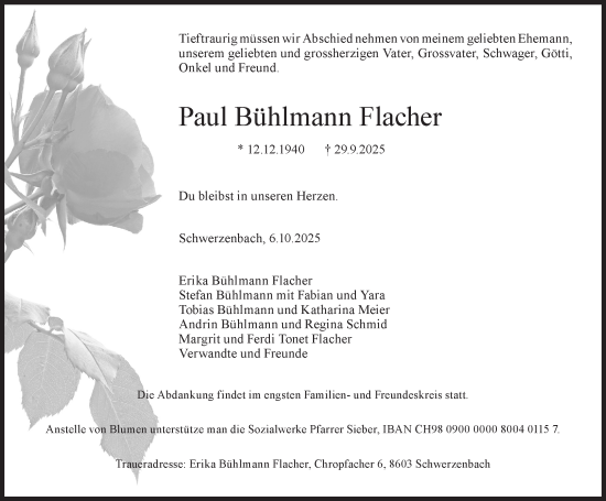 Traueranzeige von Paul Bühlmann Flacher von AvU