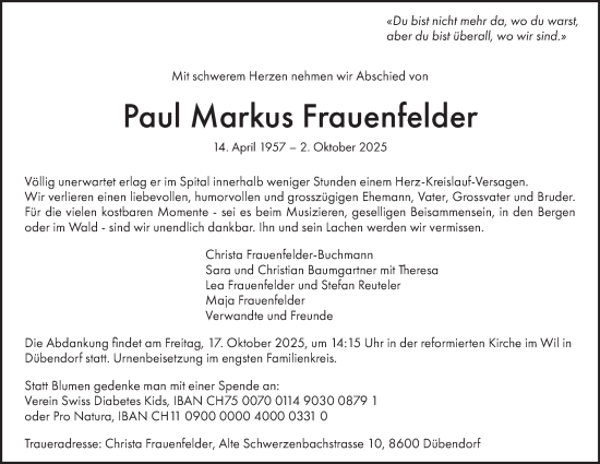 Traueranzeige von Paul Markus Frauenfelder von GL solo