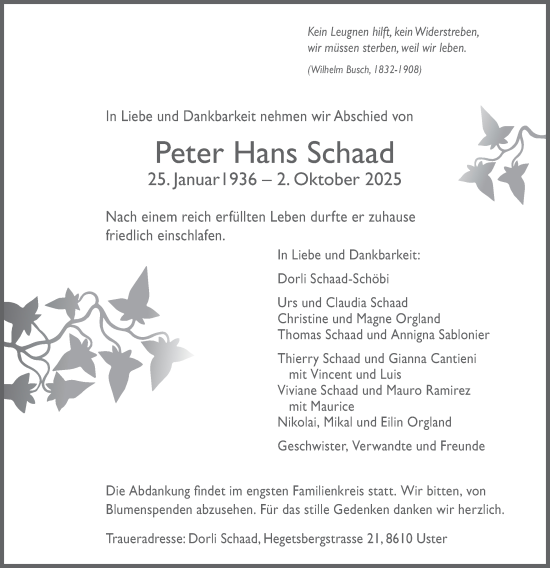Traueranzeige von Peter Hans Schaad von AvU