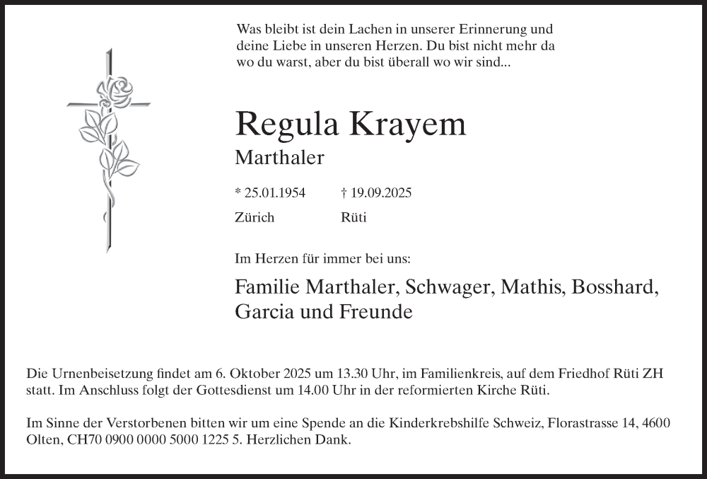 Traueranzeige für Regula Marthaler vom 04.10.2025 aus AvU