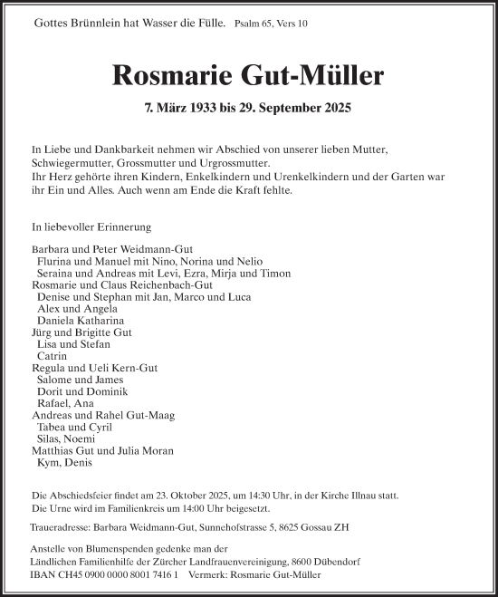 Traueranzeige von Rosmarie Gut-Müller von AvU