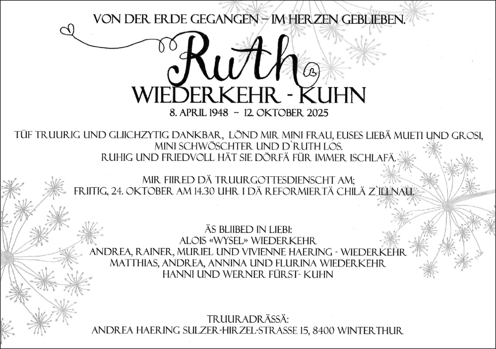  Traueranzeige für Ruth Wiederkehr - Kuhn vom 16.10.2025 aus reg_2