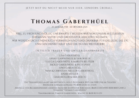 Traueranzeige von Thomas Gaberthüel von AvU