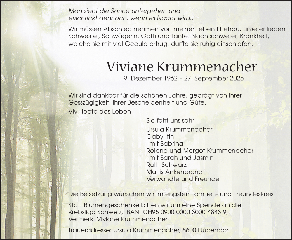  Traueranzeige für Viviane Krummenacher vom 03.10.2025 aus GL solo