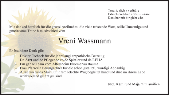 Traueranzeige von Vreni Wassmann von AvU