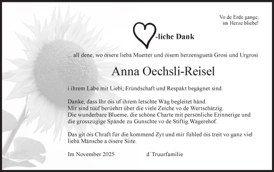 Traueranzeige von Anna Oechsli von AvU