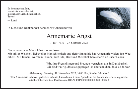 Traueranzeige von Annemarie Angst von AvU