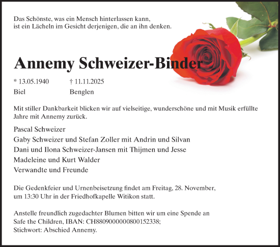 Traueranzeige von Annemy Schweizer-Binder von GL solo