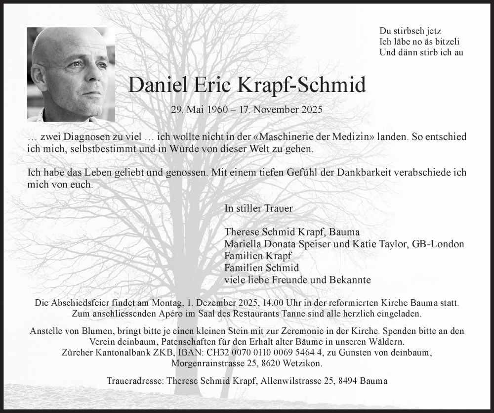  Traueranzeige für Daniel Eric Krapf-Schmid vom 26.11.2025 aus AvU