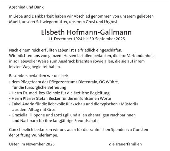 Traueranzeige von Elsbeth Hofmann-Gallmann von AvU