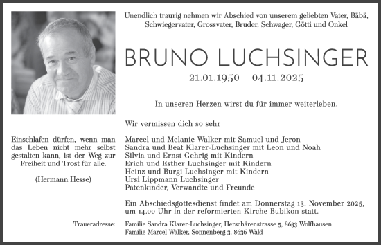 Traueranzeige von Bruno Luchsinger von AvU