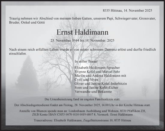 Traueranzeige von Ernst Haldimann von AvU