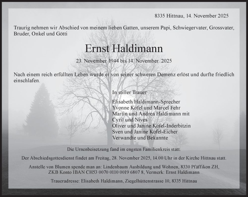  Traueranzeige für Ernst Haldimann vom 26.11.2025 aus AvU