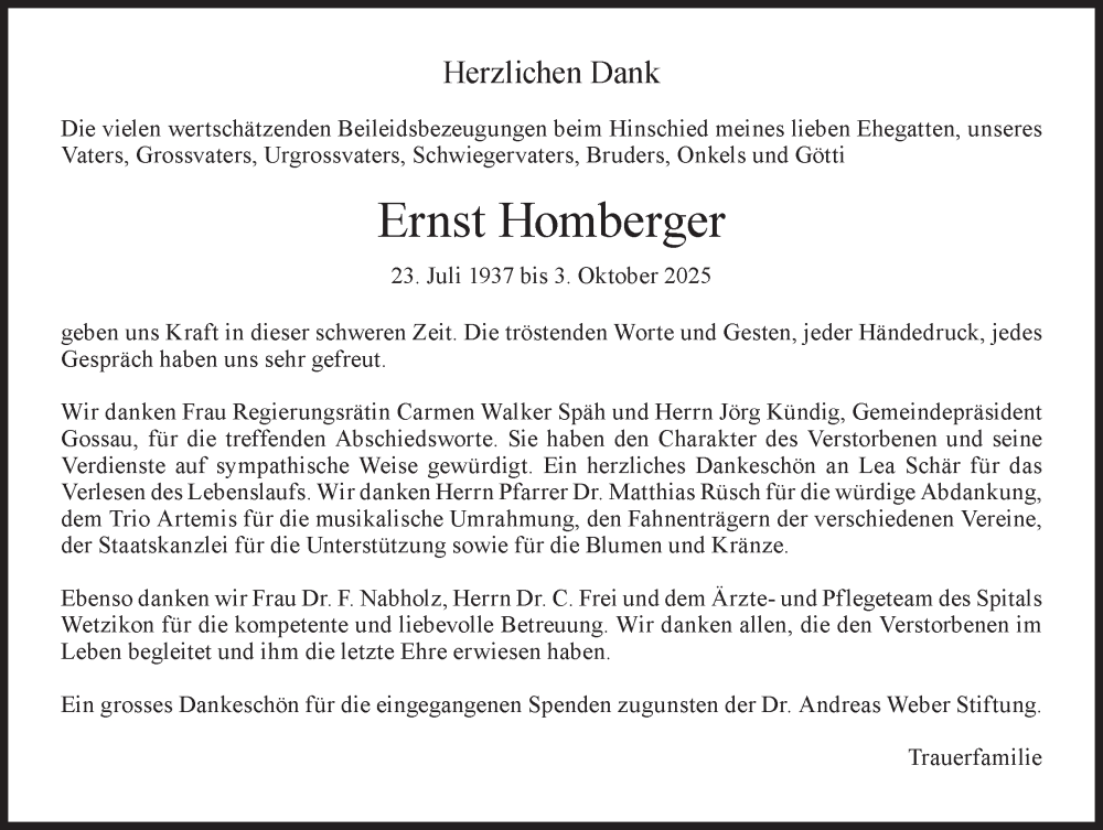  Traueranzeige für Ernst Homberger vom 20.11.2025 aus AvU
