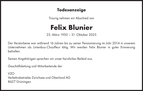 Traueranzeige von Felix Blunier von AvU