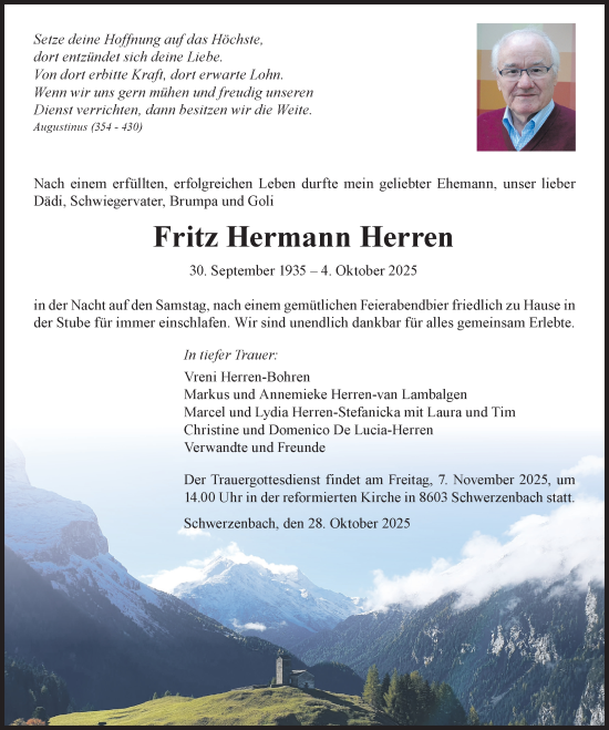 Traueranzeige von Fritz Hermann Herren von AvU