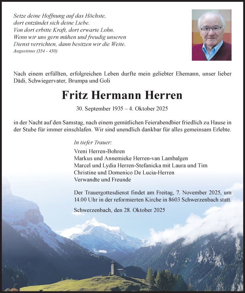  Traueranzeige für Fritz Hermann Herren vom 05.11.2025 aus AvU
