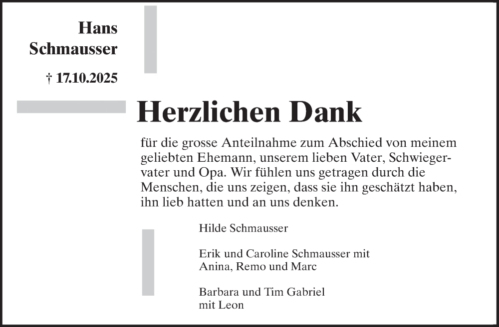  Traueranzeige für Hans Schmausser vom 27.11.2025 aus reg_2