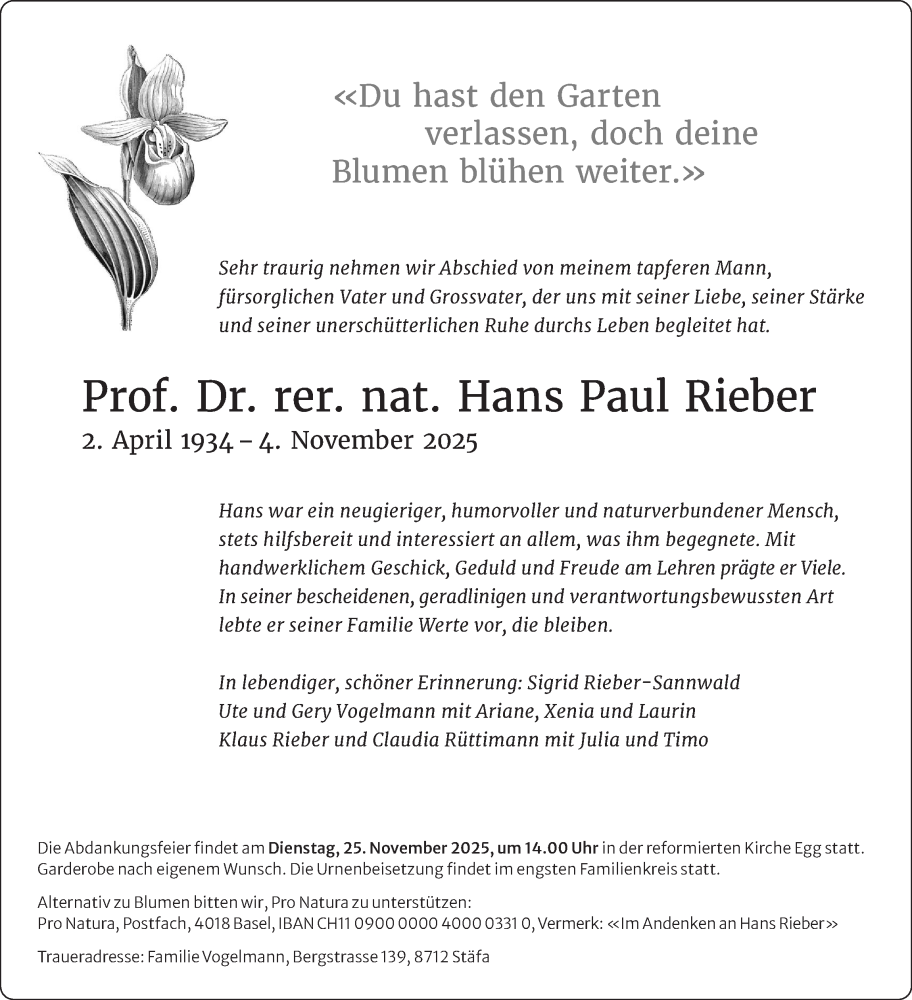  Traueranzeige für Hans Paul Rieber vom 19.11.2025 aus AvU