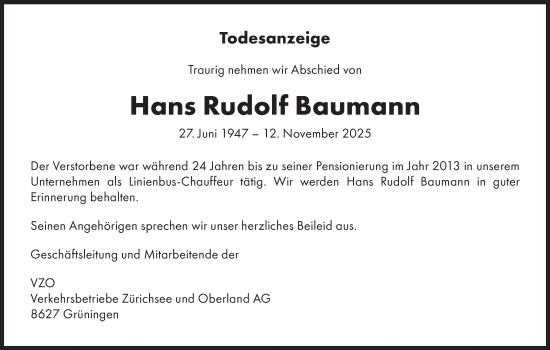 Traueranzeige von Hans Rudolf Baumann von AvU