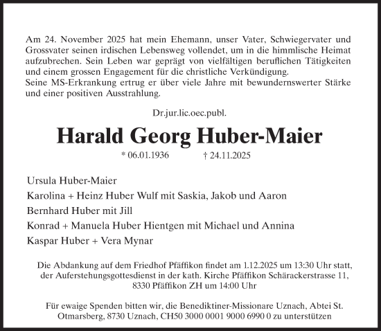 Traueranzeige von Harald Georg Huber-Maier von AvU