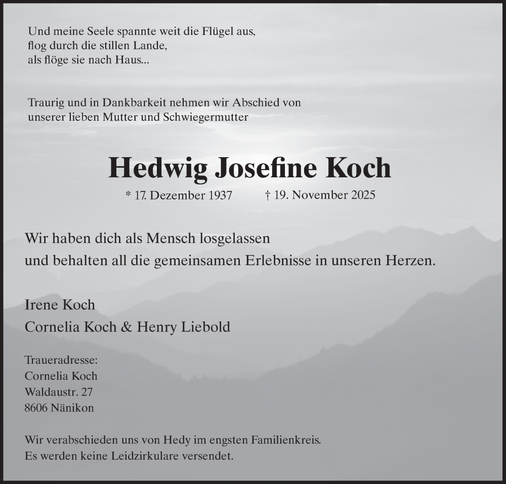  Traueranzeige für Hedwig Josefine Koch vom 26.11.2025 aus AvU