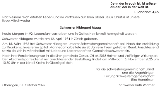 Traueranzeige von Hildegard Maag von AvU