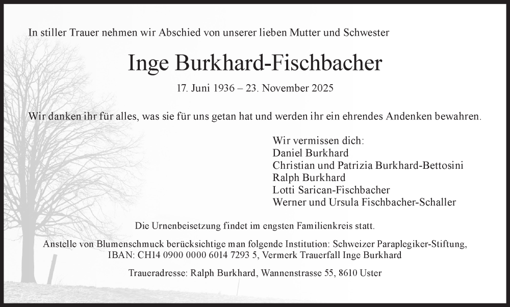  Traueranzeige für Inge Burkhard-Fischbacher vom 28.11.2025 aus AvU