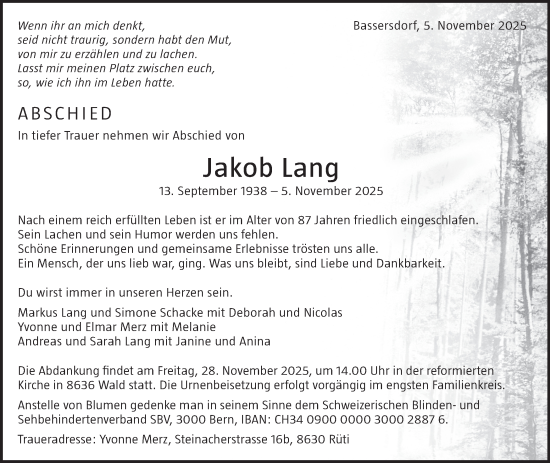 Traueranzeige von Jakob Lang von AvU