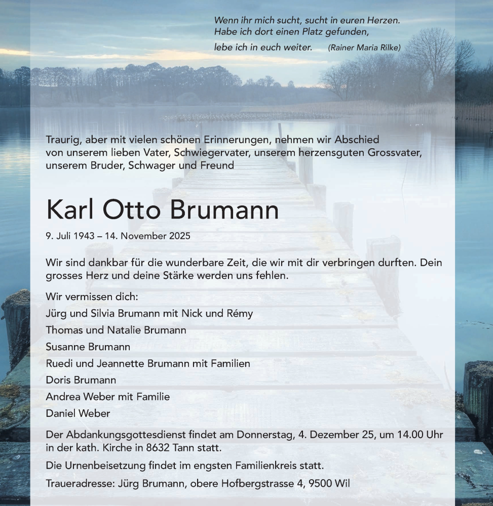  Traueranzeige für Karl Otto Brumann vom 26.11.2025 aus AvU